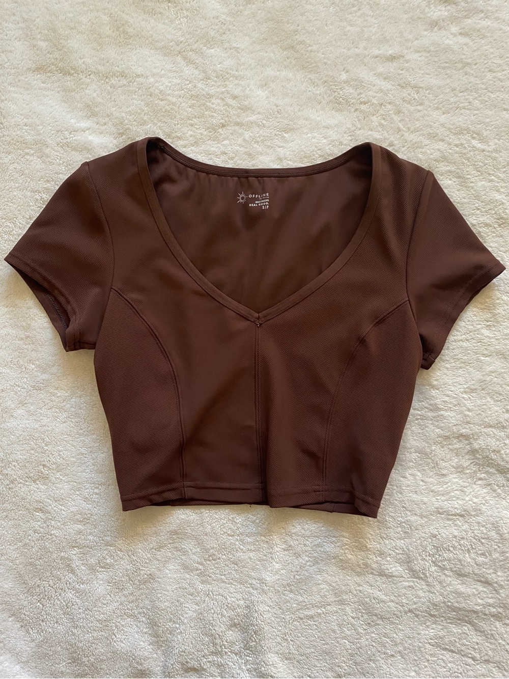 OFFLINE by Aerie Ribbed Short Sleeve V-Neck Crop Top Brown Activewear Size Small